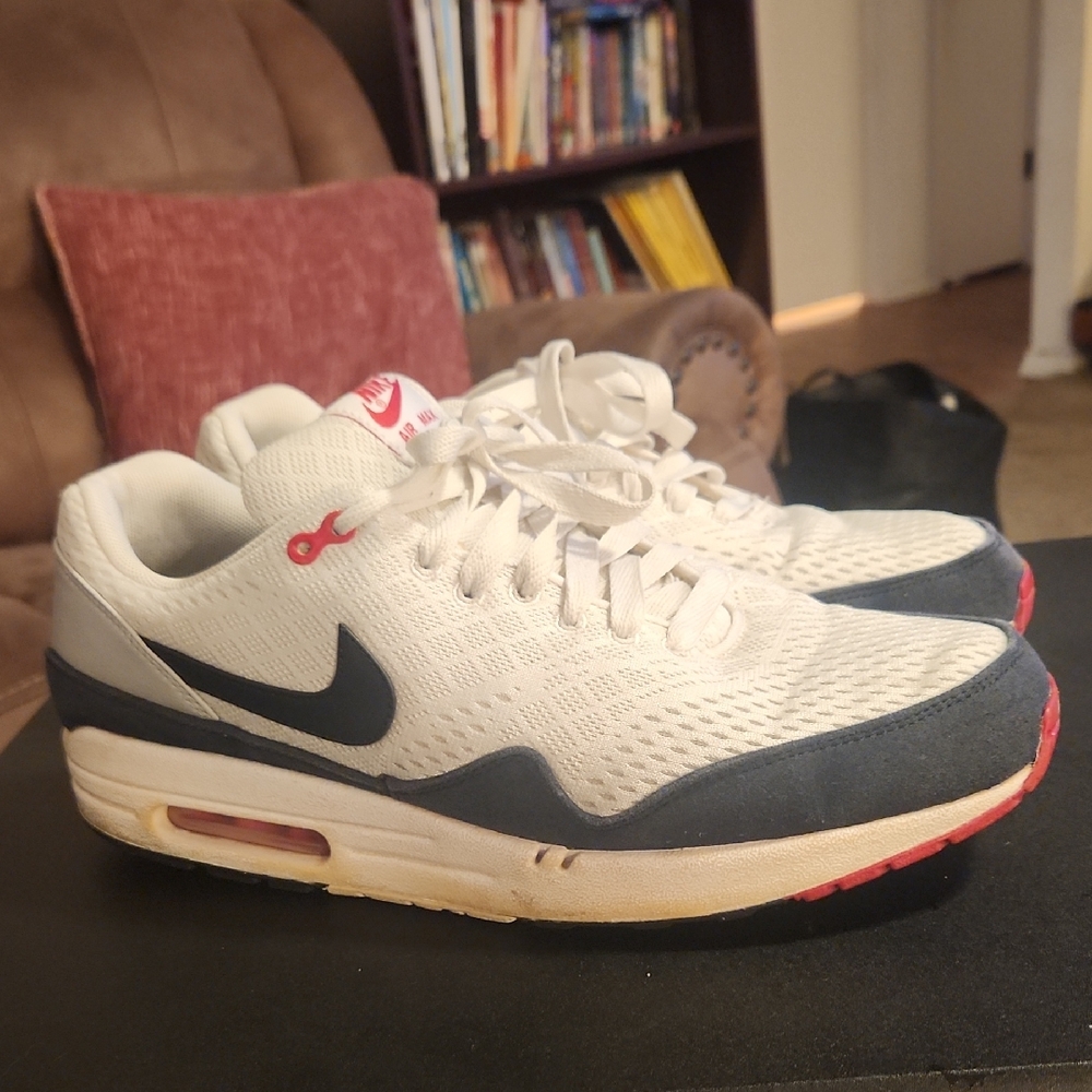 Nike Air Max 1 White, Navy Blue, and Red Sneakers
